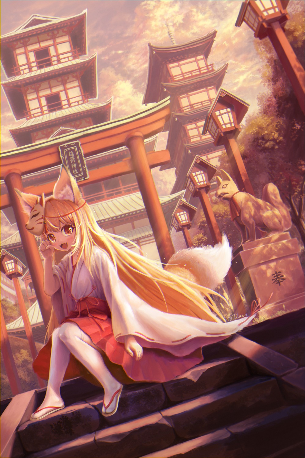 animal_ears kitsune miko regu skirt_lift tail thighhighs