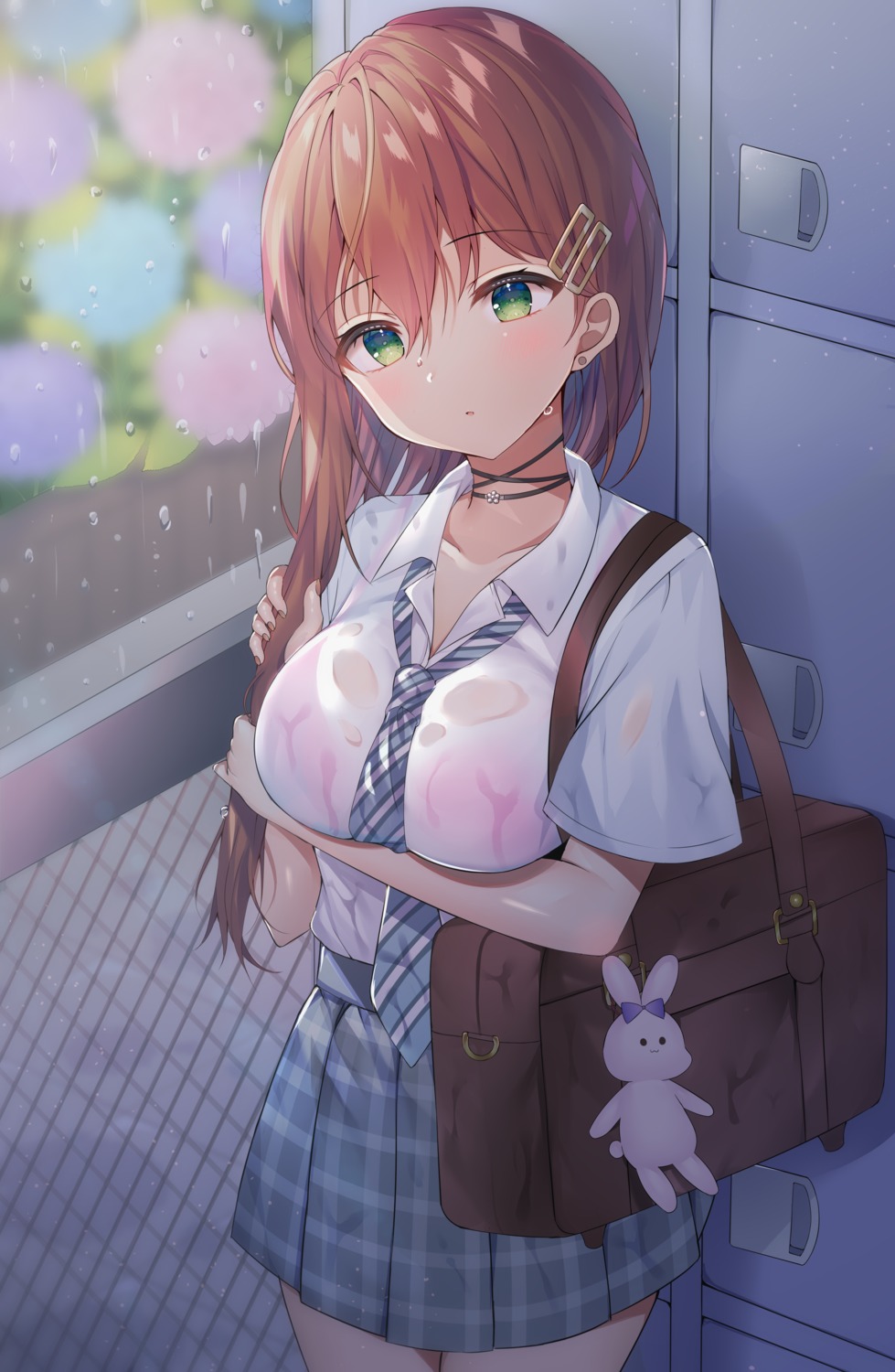 aozora_nan bra breast_hold see_through seifuku wet_clothes