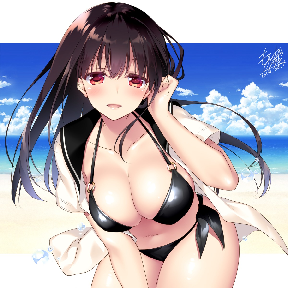 bikini motomiya_mitsuki open_shirt seifuku swimsuits