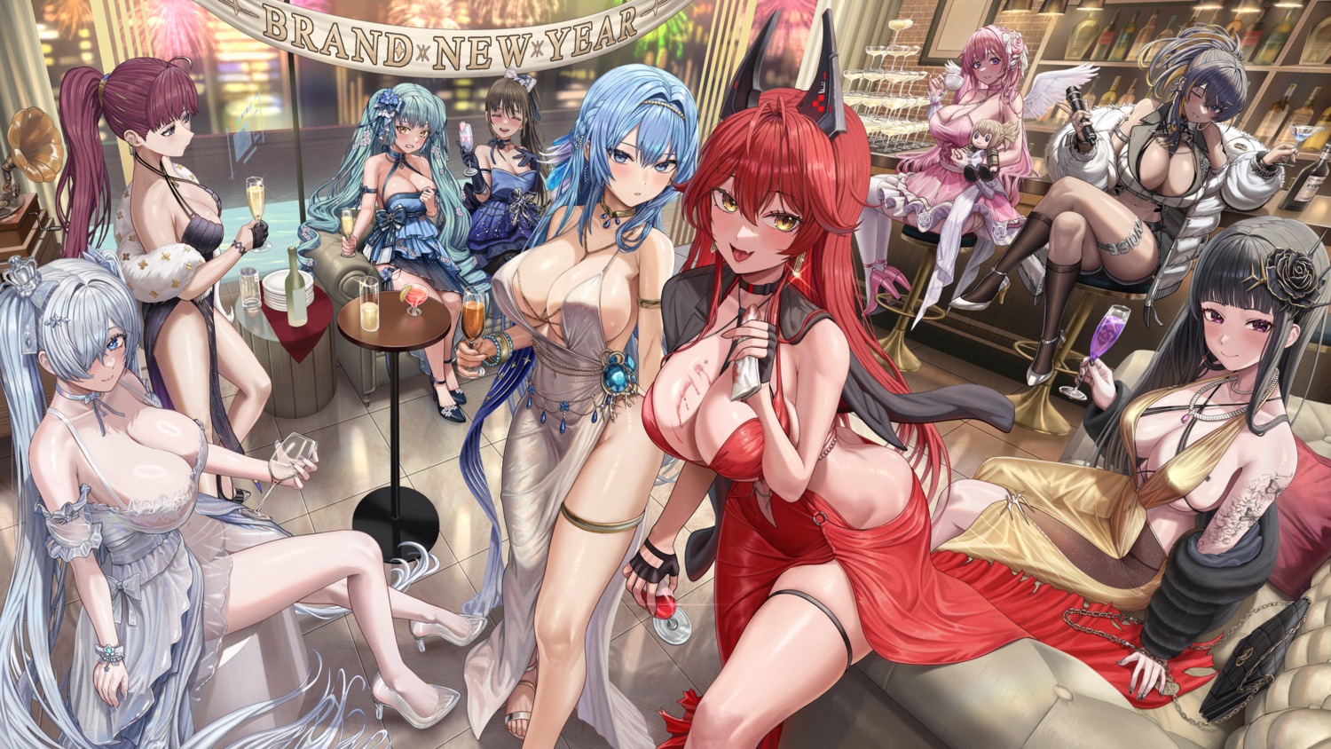 chibi cinderella_(nikke) d_(nikke) diesel_(nikke) dolla_(nikke) dorothy_(nikke) dress garter goddess_of_victory:_nikke heels helm horns no_bra noise_(nikke) pinne_(nikke) privaty red_hood_(nikke) see_through silvertsuki1 tattoo wings