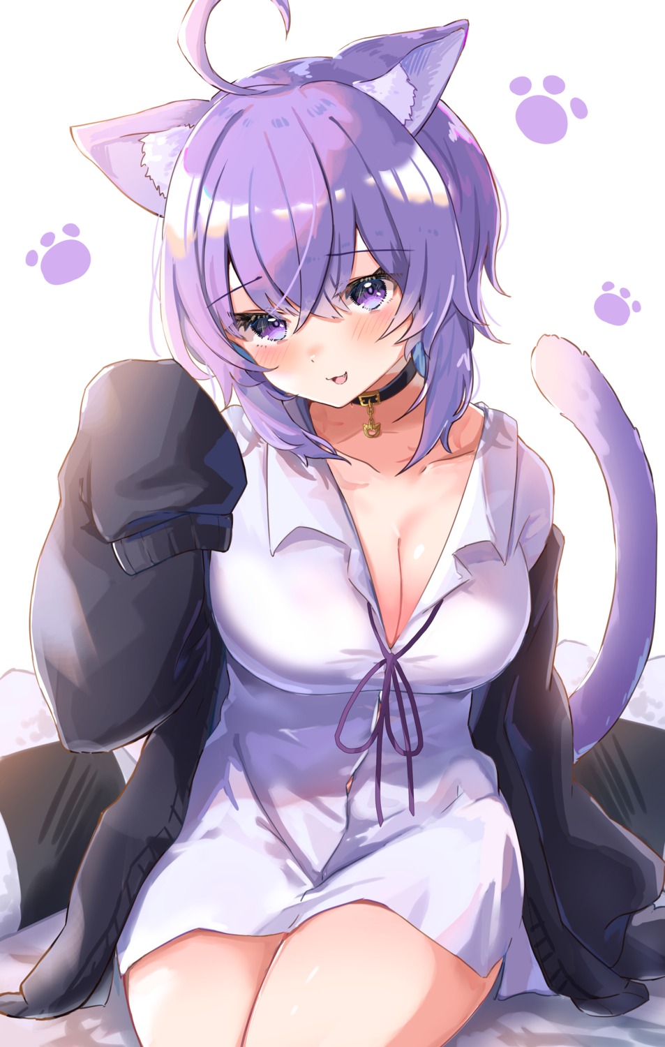 amefukura_art animal_ears cleavage dress_shirt hololive hololive_gamers nekomata_okayu nekomimi open_shirt sweater tail