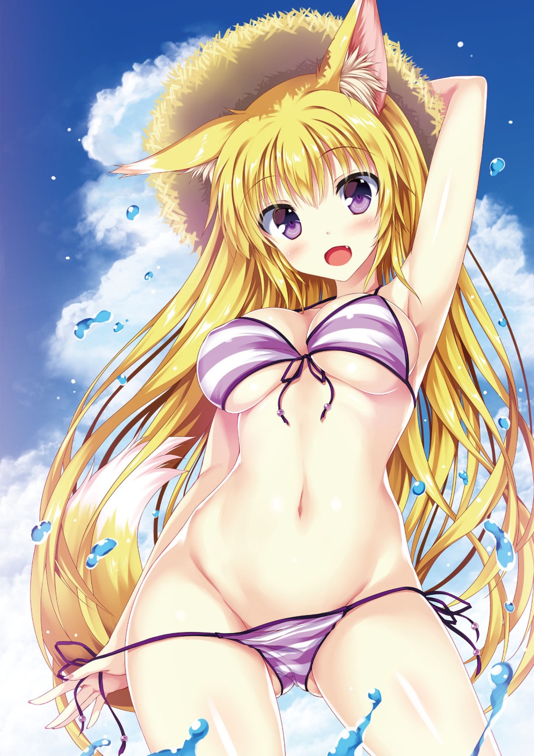 animal_ears bikini kitsune panty_pull swimsuits tail tateha underboob