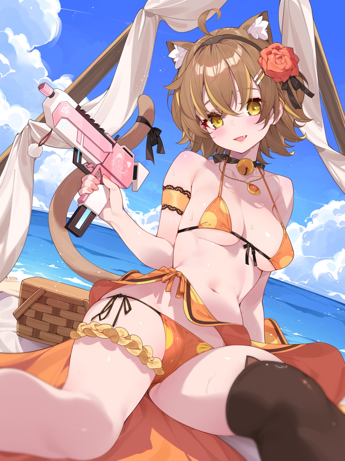 animal_ears annin_miru artist_revision bikini cameltoe garter gun indie_virtual_youtuber nekomimi swimsuits tail thighhighs waterring wet