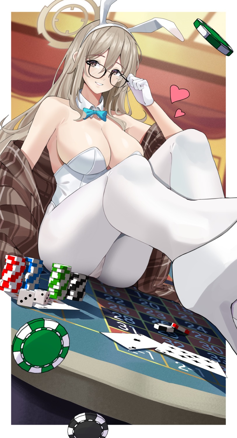 animal_ears blue_archive bunny_ears bunny_girl haerge halo heels megane murokasa_akane no_bra pantyhose