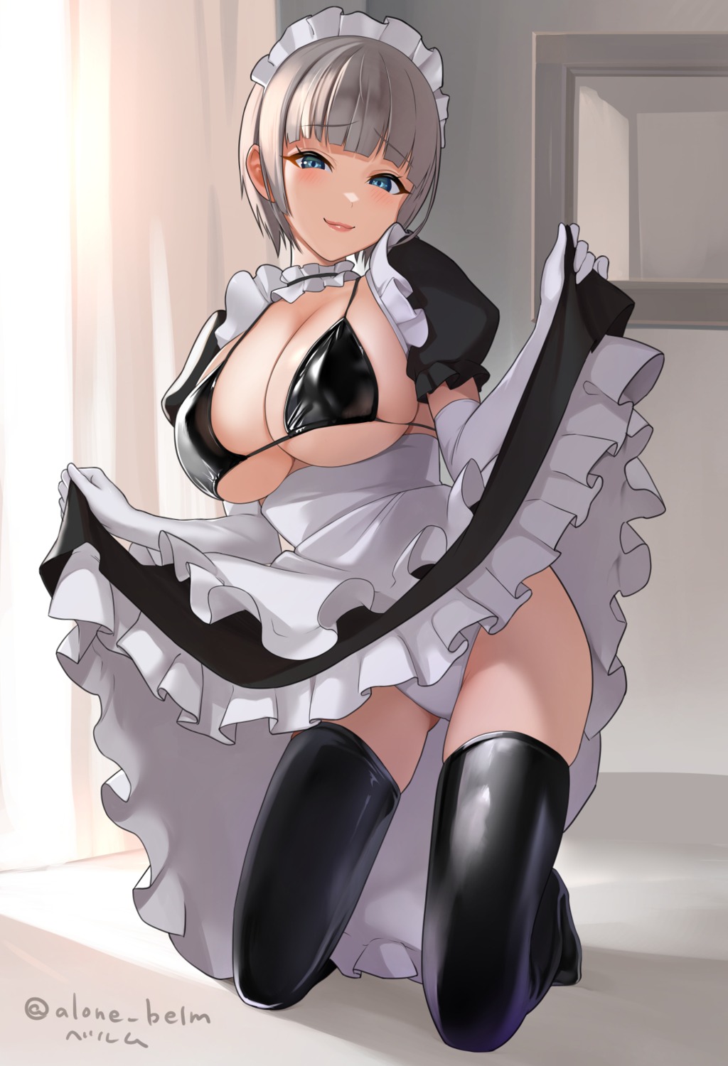 alone_belm bra erect_nipples maid pantsu skirt_lift thighhighs