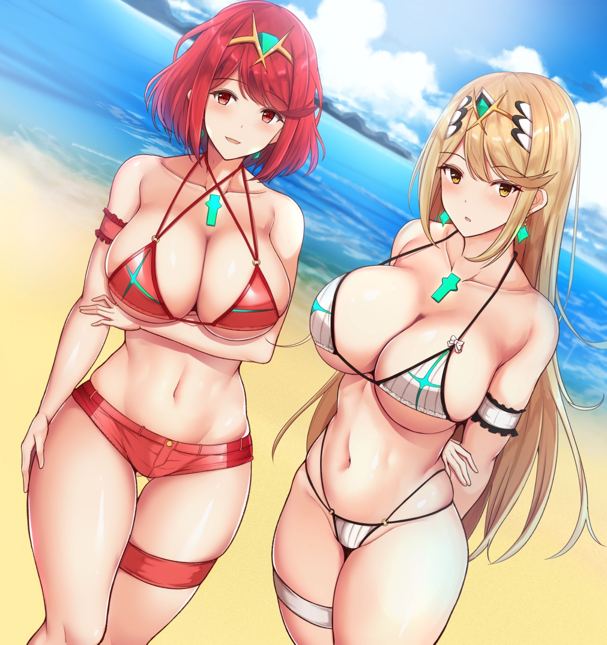 bikini breast_hold garter hikari_(xenoblade_2) homura_(xenoblade_2) noeomi swimsuits xenoblade xenoblade_chronicles_2