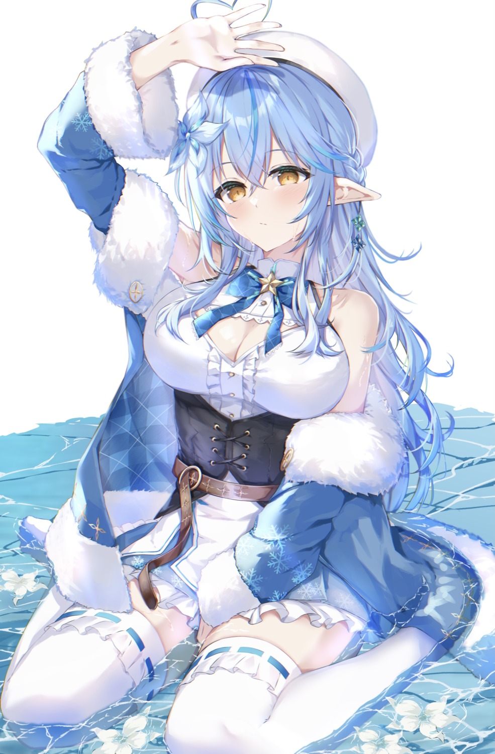 cleavage elf fuchi_(0616tk) hololive pointy_ears thighhighs wet yukihana_lamy