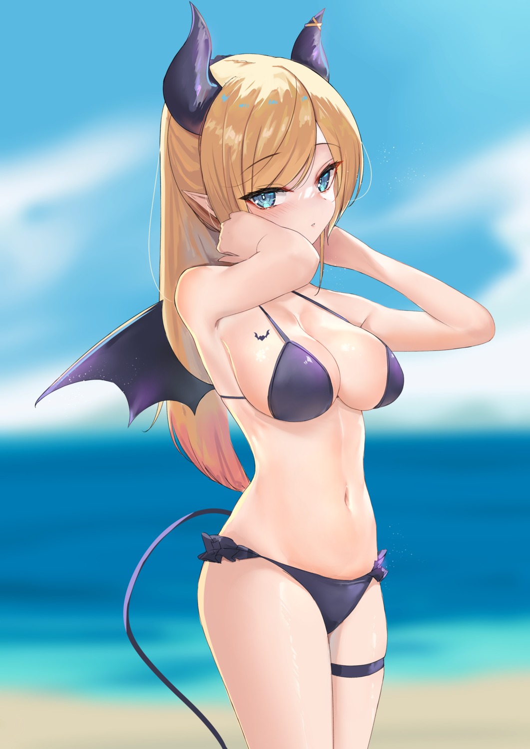 bikini garter hololive horns pointy_ears rifufu swimsuits tail tattoo wings yuzuki_choco