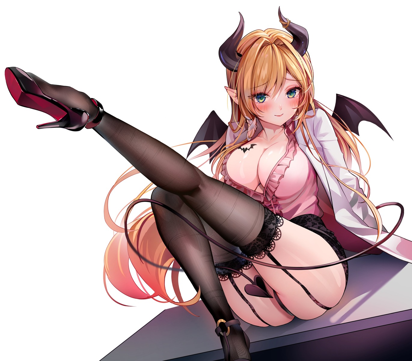heels hololive horns luna_nyann no_bra pointy_ears see_through stockings tail thighhighs thong wings yuzuki_choco