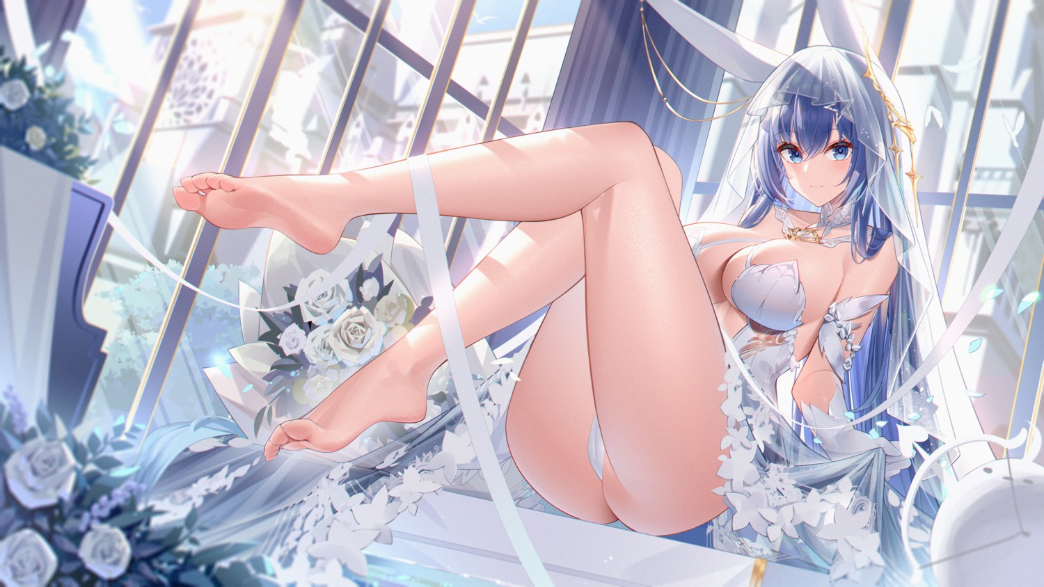 animal_ears azur_lane bunny_ears cameltoe dress feet new_jersey_(azur_lane) no_bra pantsu see_through skirt_lift thong tousang wedding_dress