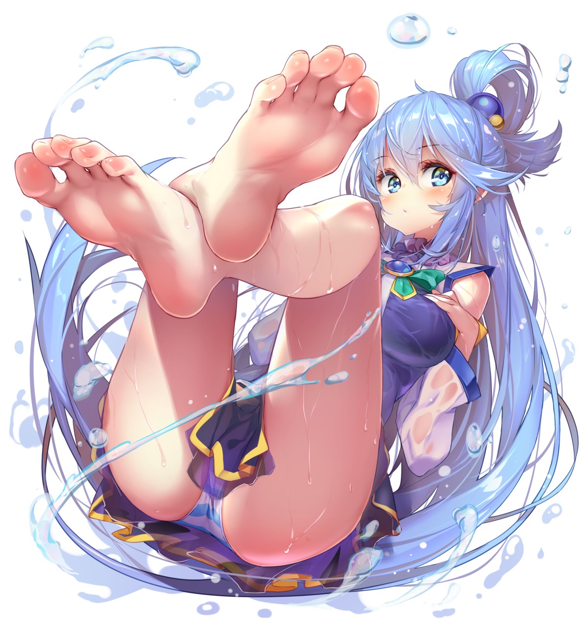 aqua_(kono_subarashii_sekai_ni_shukufuku_wo!) feet hong_(white_spider) kono_subarashii_sekai_ni_shukufuku_wo! pantsu see_through shimapan skirt_lift wet wet_clothes