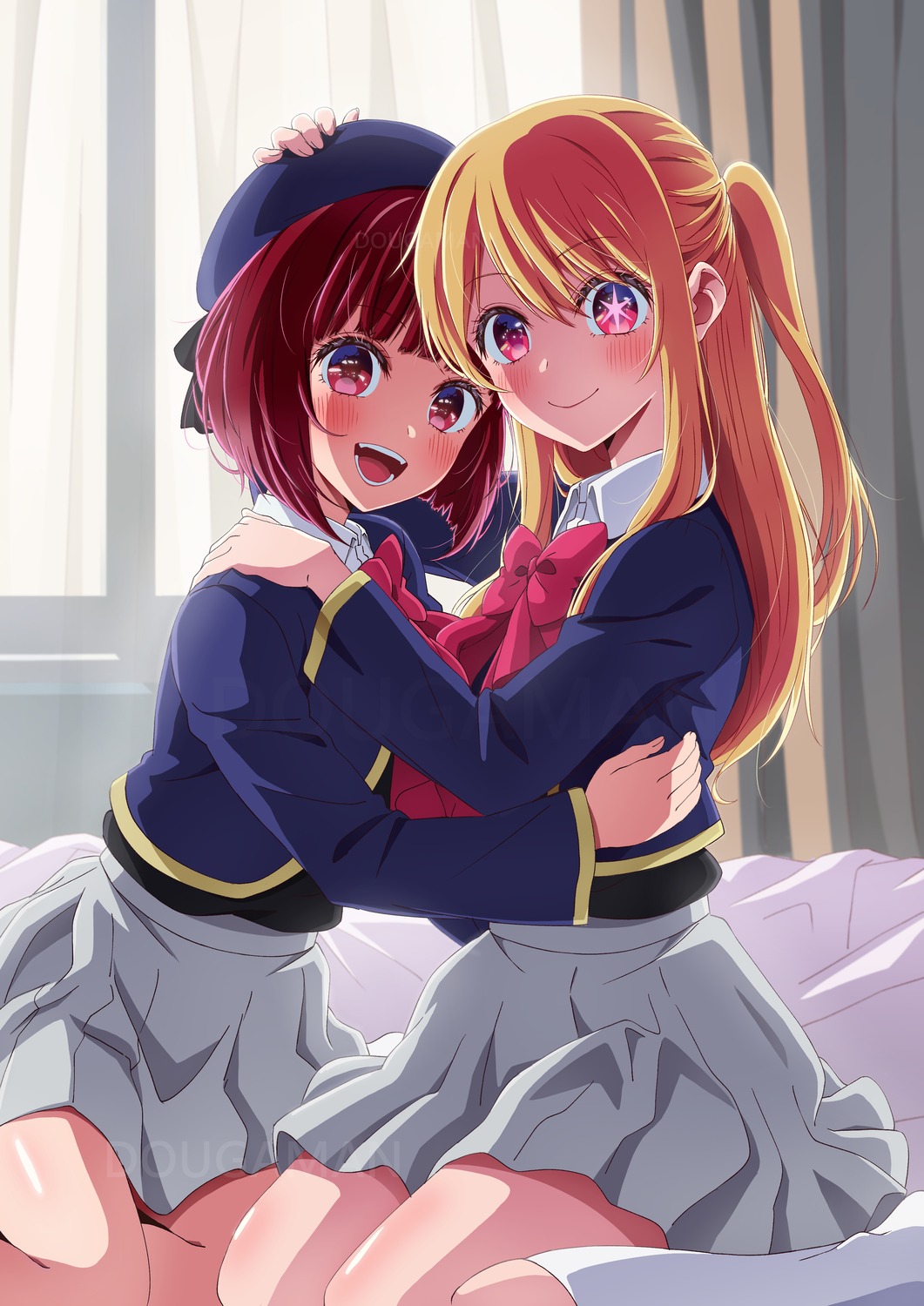 arima_kana dougaman hoshino_ruby oshi_no_ko seifuku sweater yuri