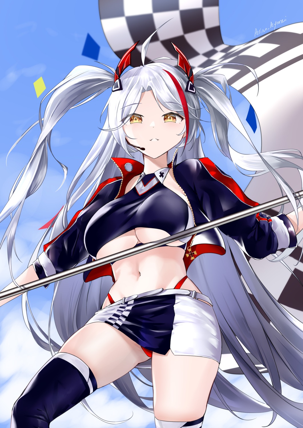 arino_ayarei azur_lane erect_nipples no_bra pantsu prinz_eugen_(azur_lane) skirt_lift thighhighs underboob