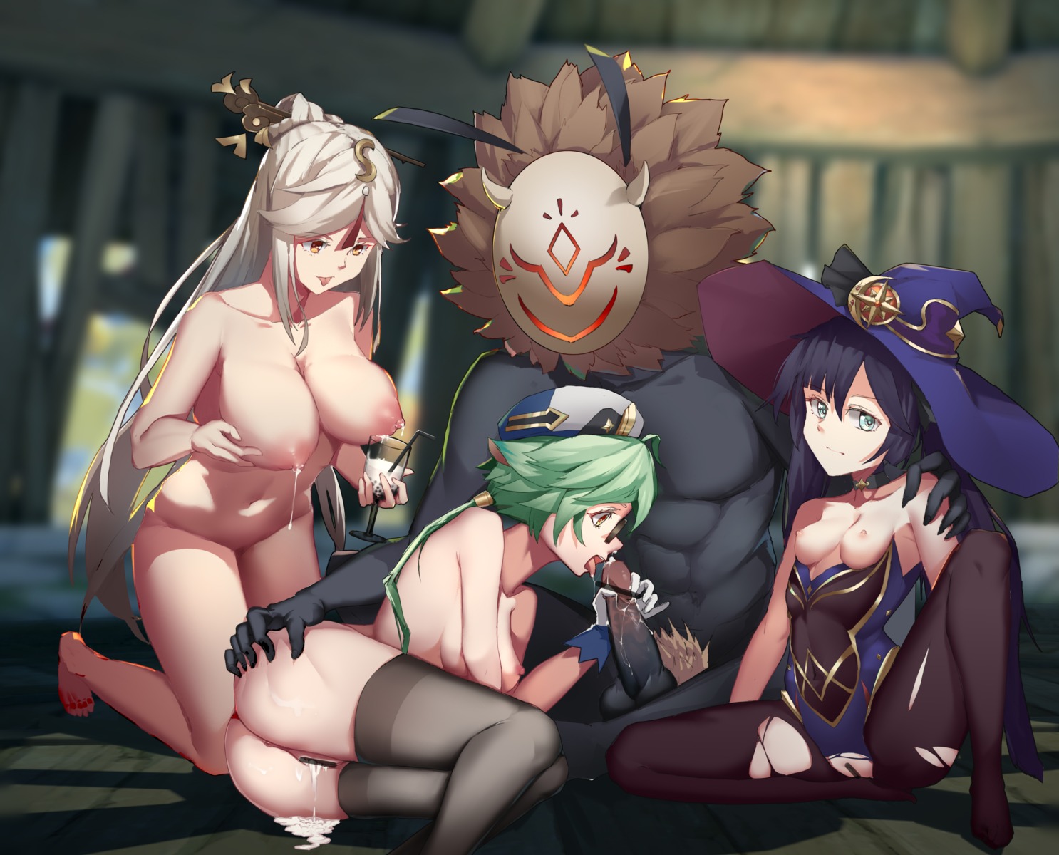 animal_ears ass_grab breast_hold breasts censored cum feet fellatio genshin_impact lactation leotard megane mona_megistus monster naked nekomimi ningguang nipples no_bra nopan pantyhose penis pussy sex stockings sucrose tagme thighhighs torn_clothes witch