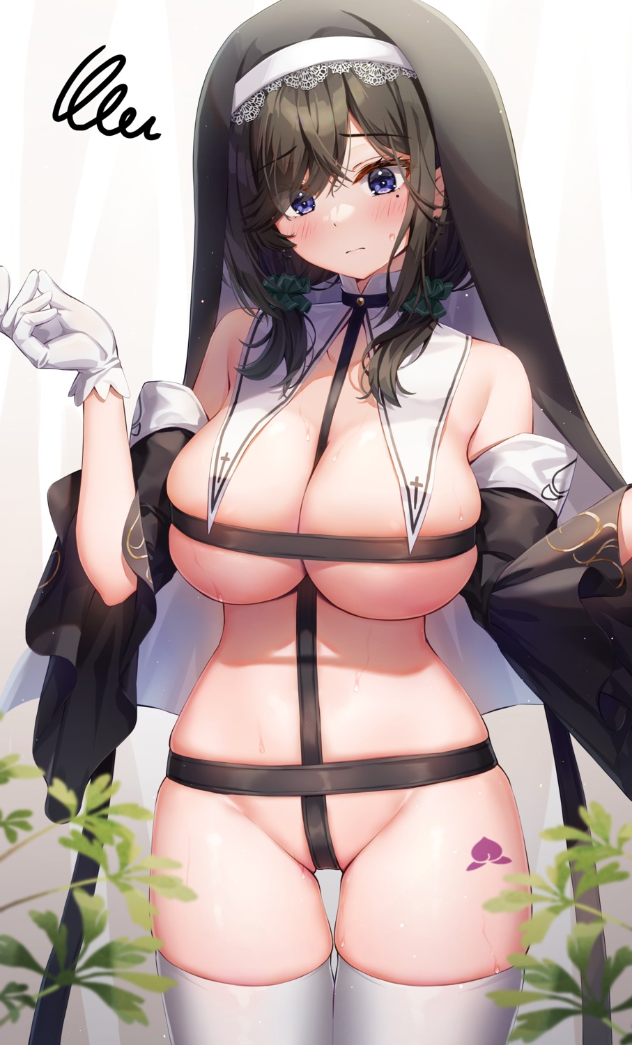 kuria_(clear_trip_second) no_bra nopan nun tattoo thighhighs wet