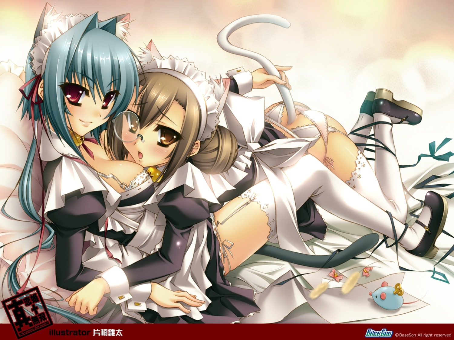 animal_ears baseson bra chouun cleavage garter_belt katagiri_hinata koihime_musou maid megane nekomimi pantsu ryomou stockings string_panties tail thighhighs wallpaper