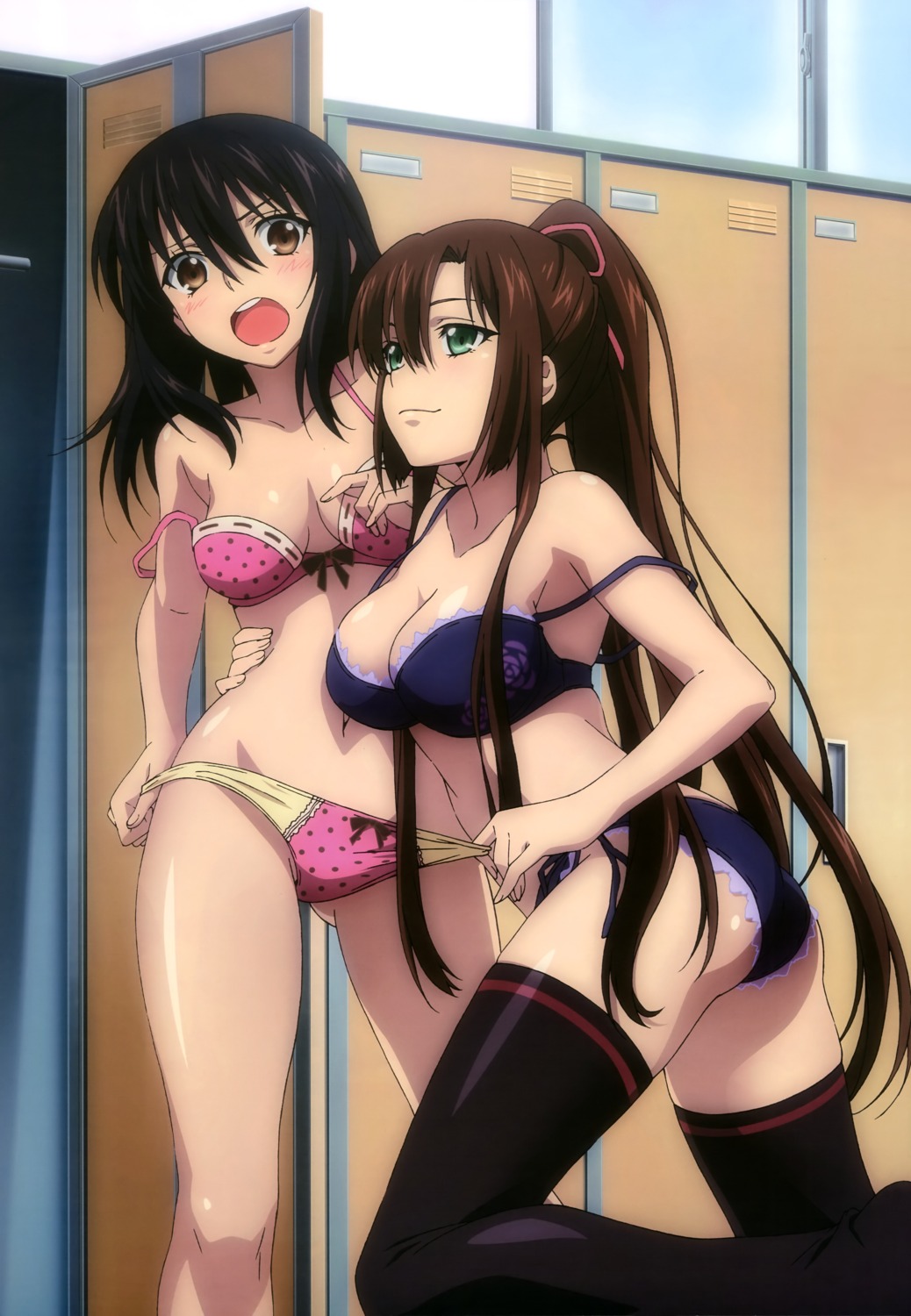 bra cleavage furuya_kedama himeragi_yukina kirasaka_sayaka pantsu panty_pull strike_the_blood string_panties thighhighs undressing yuri