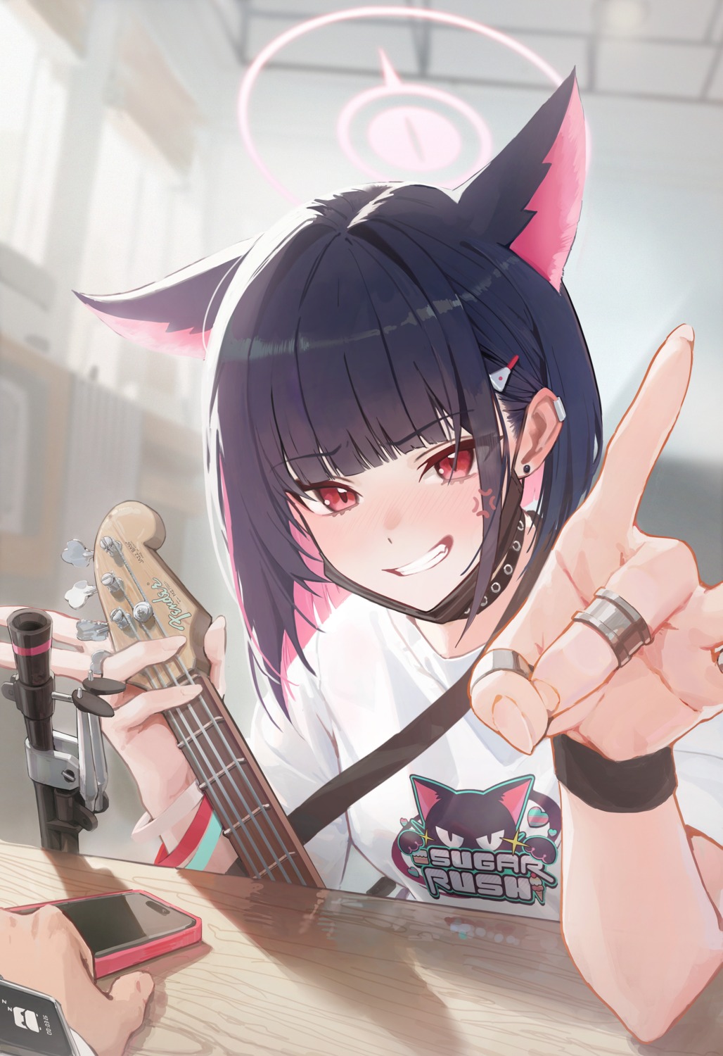 animal_ears black_mask blue_archive guitar halo kyouyama_kazusa nekomimi uniform