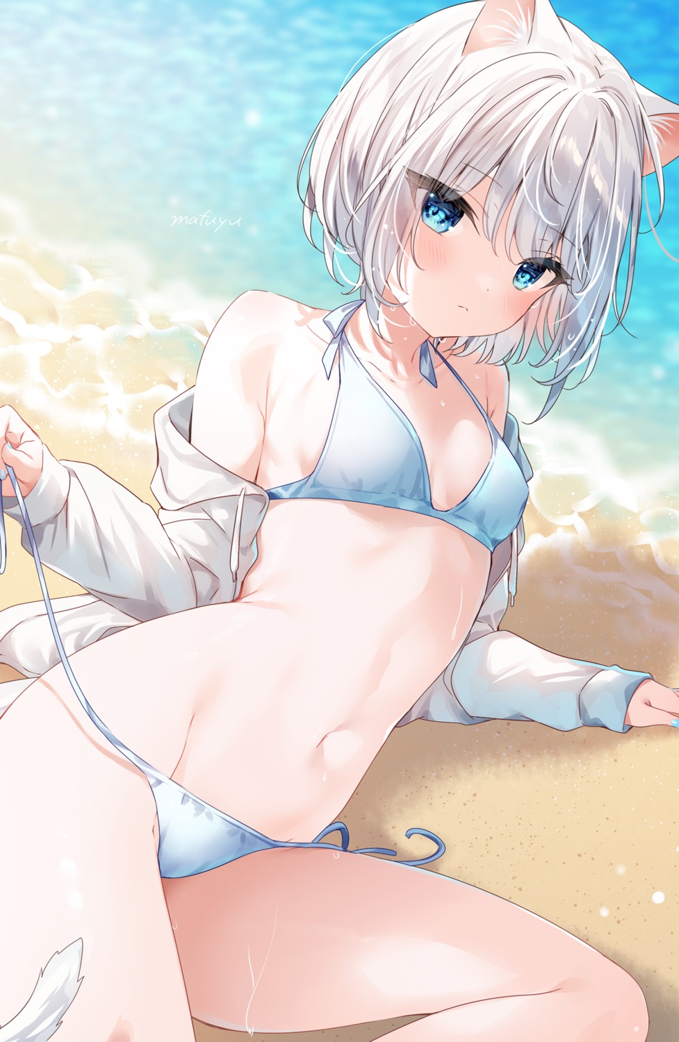 animal_ears bikini mafuyu_(chibi21) nekomimi open_shirt swimsuits tail undressing wet