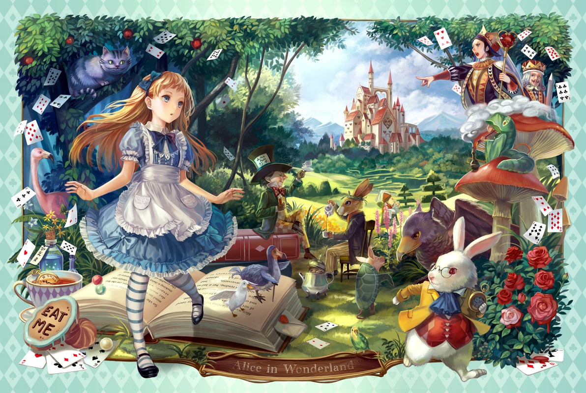 alice alice_in_wonderland cheshire_cat dress kakyouka mad_hatter pantyhose queen_of_hearts