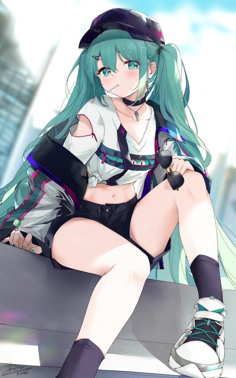 asahi_kuroi cleavage hatsune_miku megane shirt_lift vocaloid