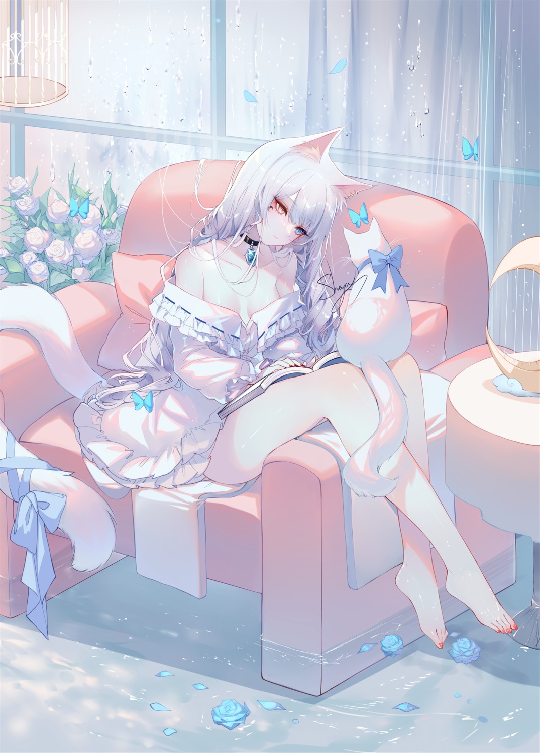 animal_ears dress heterochromia neko nekomimi no_bra open_shirt sheya tail