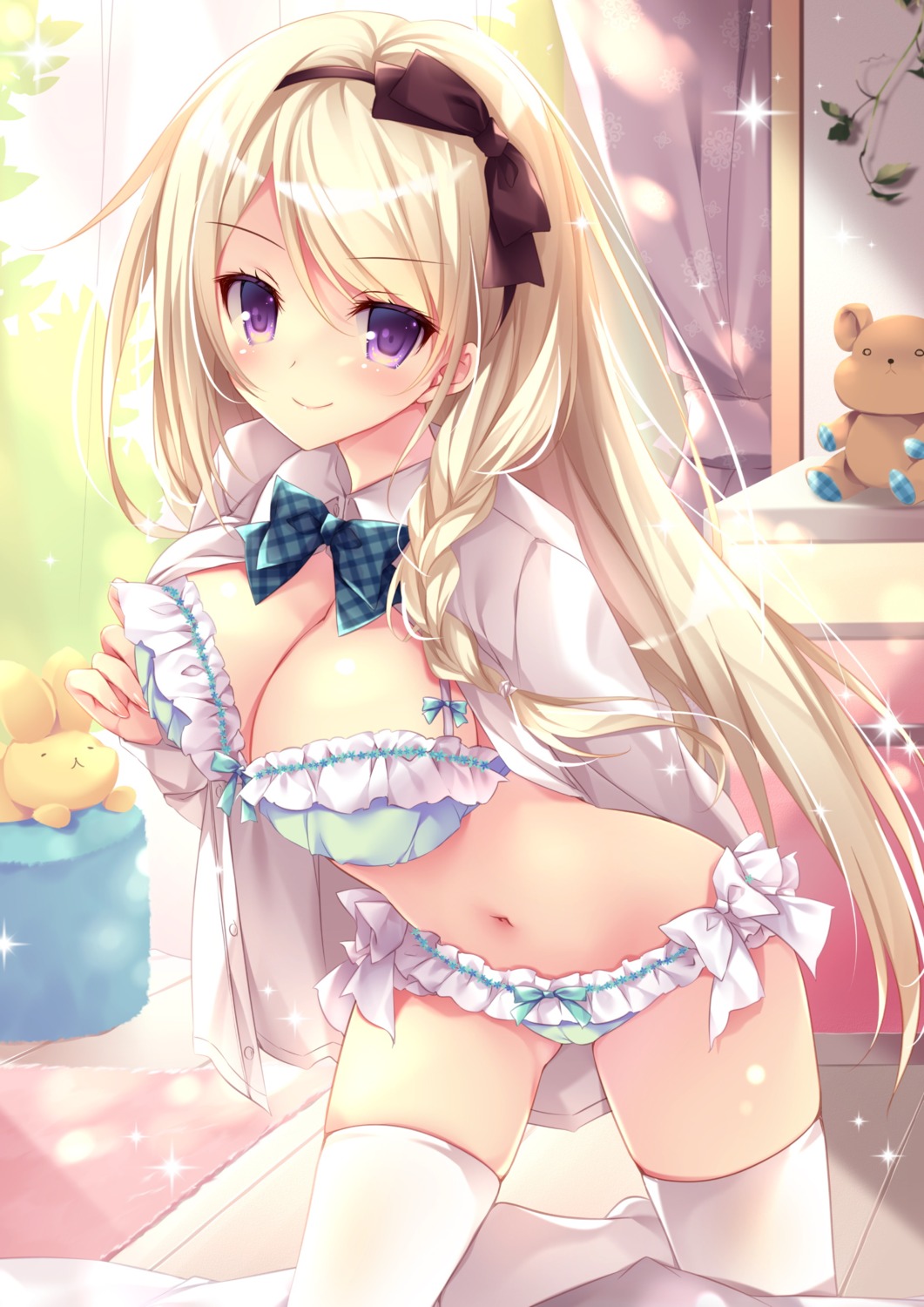 bra cameltoe cleavage dress_shirt nanaroba_hana open_shirt pantsu thighhighs