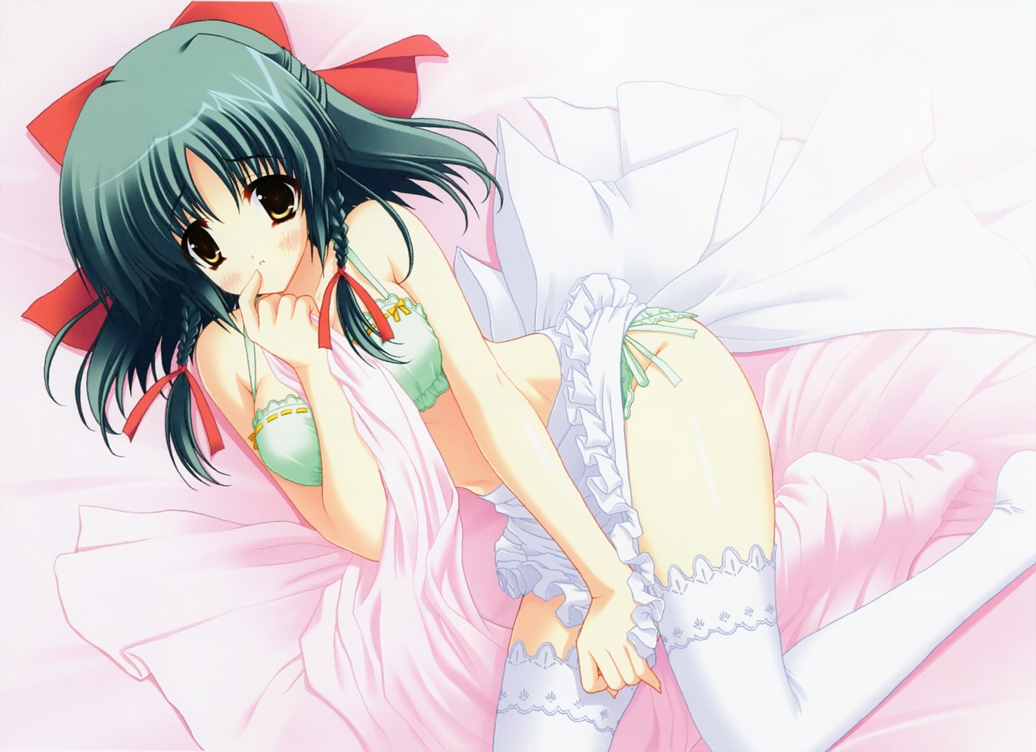 amakawa_akito bra breast_hold ne_pon_rai_pon pantsu sheets shiden_(ne_pon_rai_pon) string_panties thighhighs