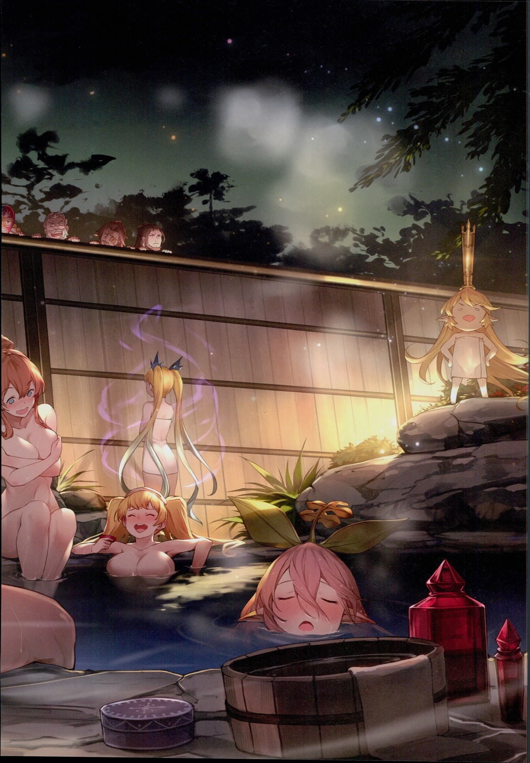 bathing breast_hold granblue_fantasy kakage naked onsen partial_scan pointy_ears towel wet