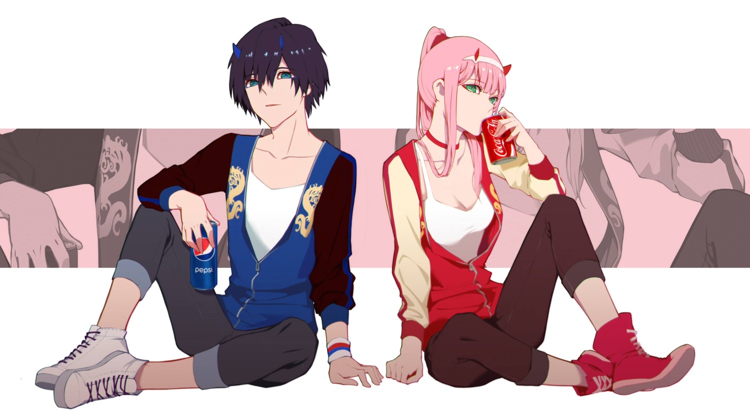 chenaze57 cleavage darling_in_the_franxx hiro_(darling_in_the_franxx) horns zero_two_(darling_in_the_franxx)
