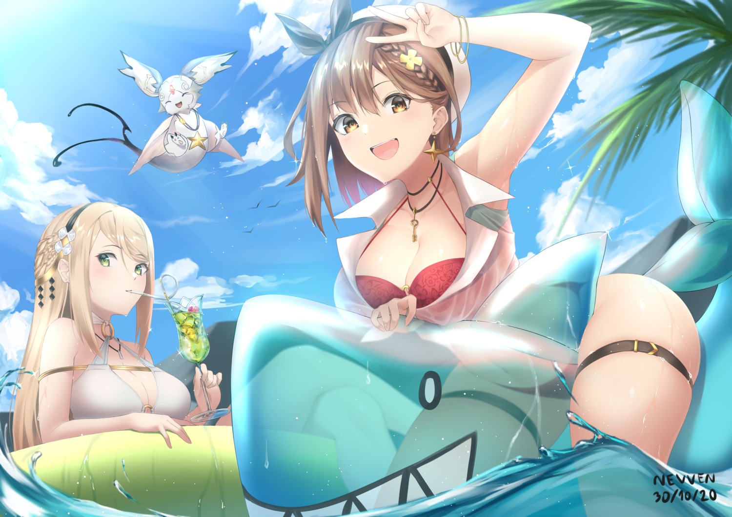 atelier atelier_ryza atelier_ryza_2 bikini bikini_top fi_(atelier) garter klaudia_valentz nevven open_shirt reisalin_stout see_through swimsuits wet wet_clothes