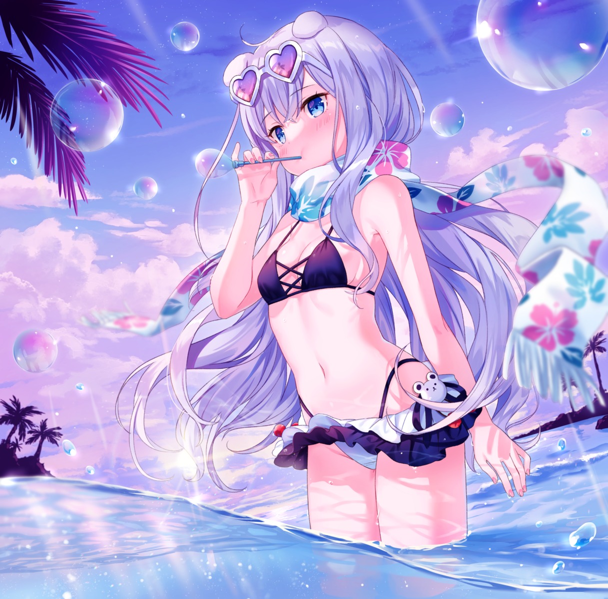 animal_ears bikini cleavage jimmy megane skirt_lift swimsuits wet