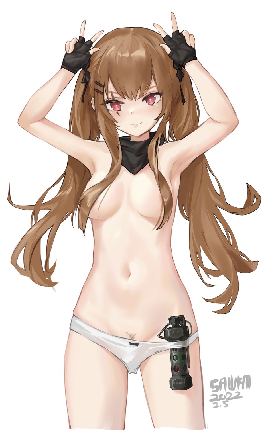 areola girls_frontline pantsu panty_pull pubic_hair sawkm topless ump9_(girls_frontline) weapon