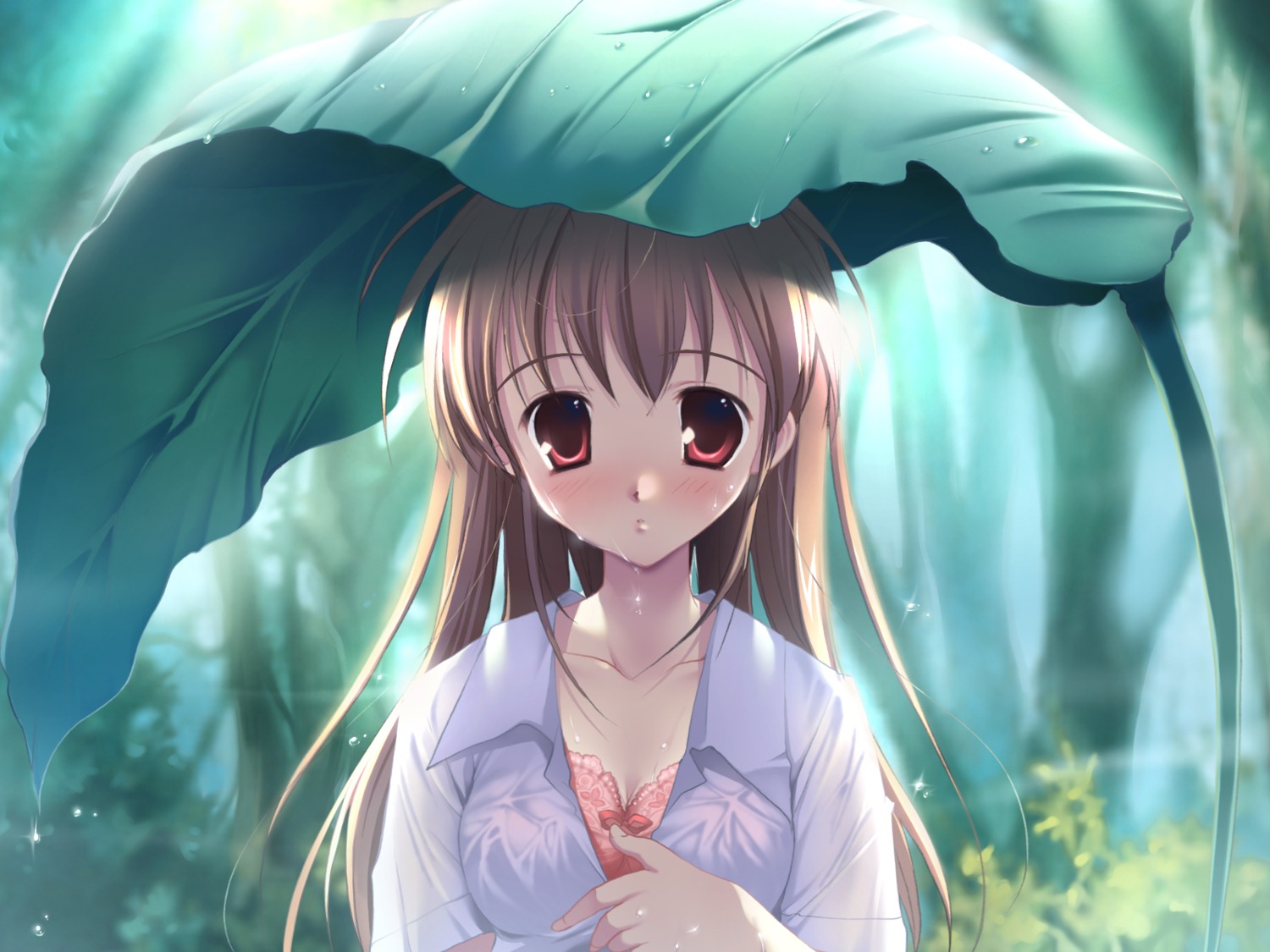 bra mikeou open_shirt pink_chuchu wallpaper wet_clothes