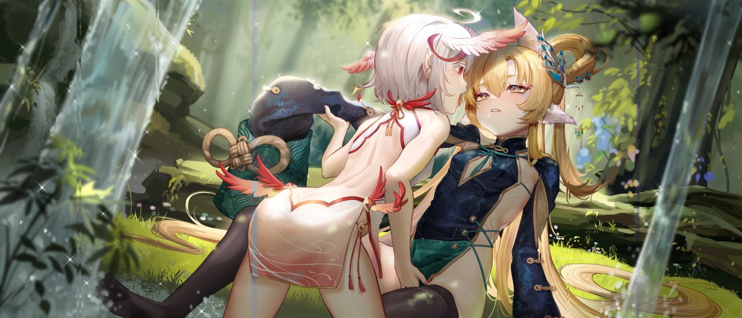 animal_ears ass chinadress fingering loli moya_(pixiv6121219) no_bra nopan wings yuri