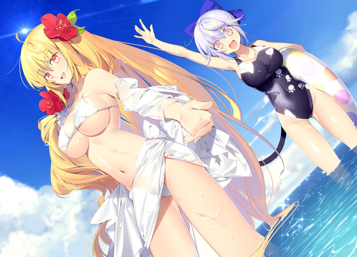 aliceliese_lou_nebulis_ix bikini cleavage dress_shirt kimi_to_boku_no_saigo_no_senjou_arui_wa_sekai_ga_hajimaru_seisen mismis_klass nekonabe_ao open_shirt see_through skirt_lift swimsuits tail wet