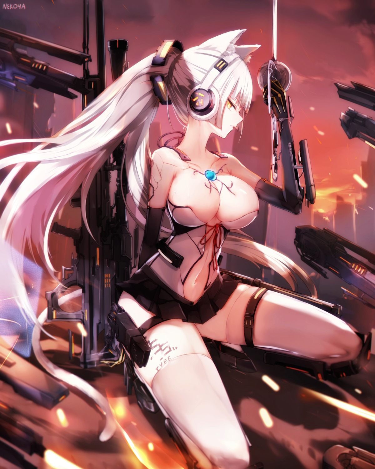 animal_ears areola garter gun headphones mecha_musume nekomimi no_bra sword tail tattoo thighhighs