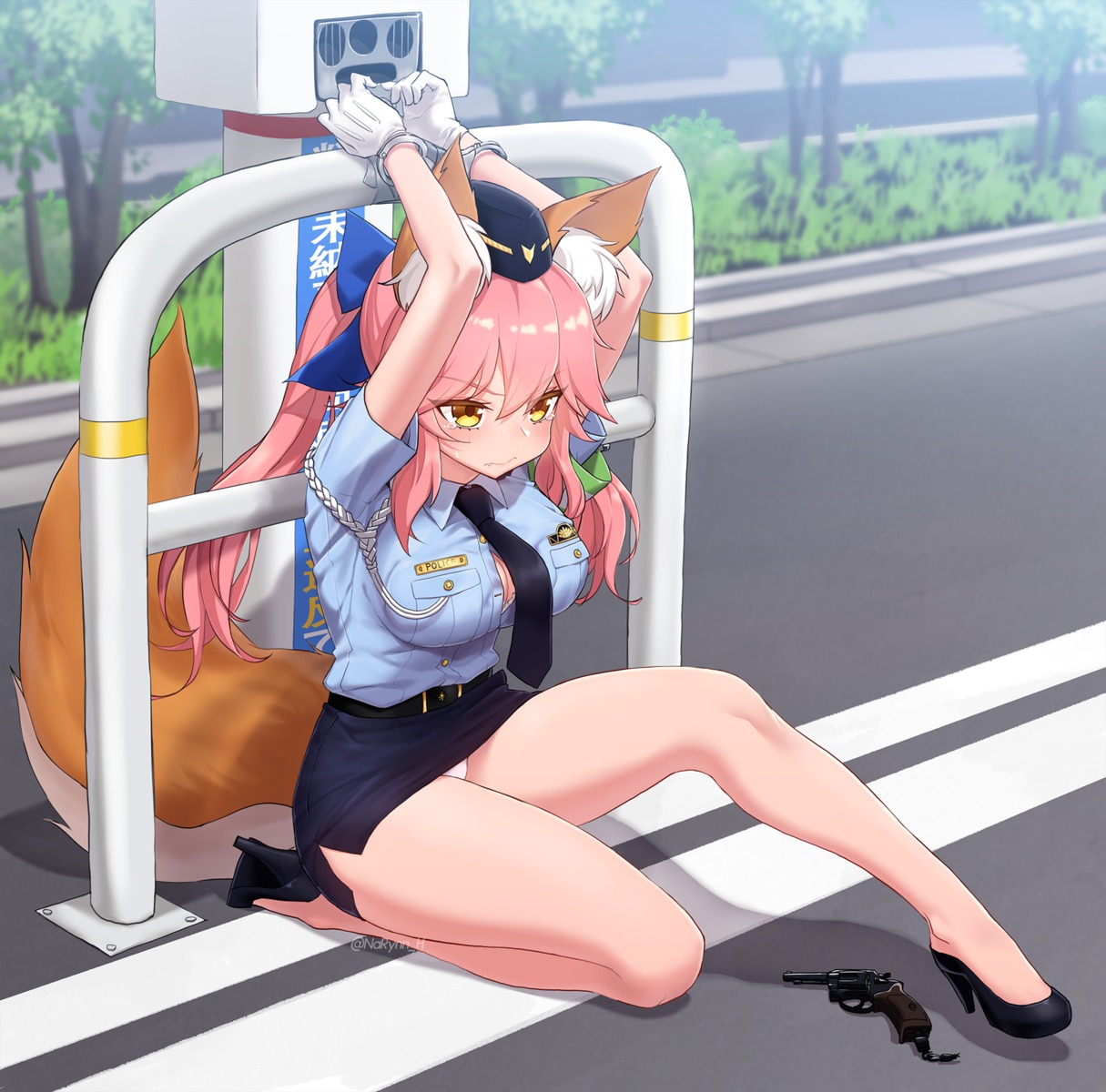 animal_ears bondage cleavage fate/grand_order gun heels narynn pantsu police_uniform tail tamamo_no_mae