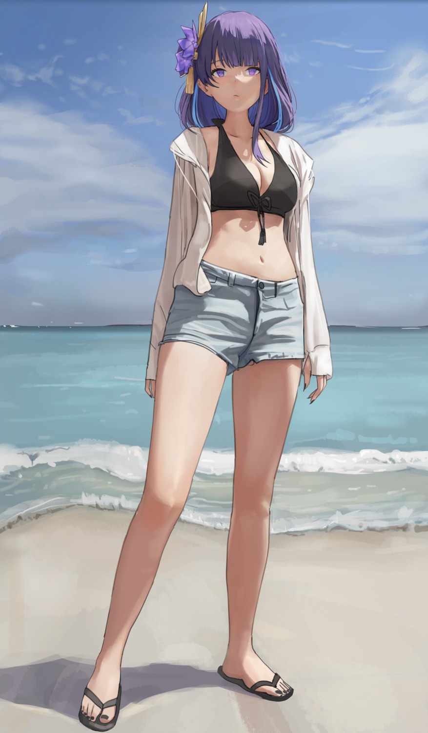 bikini_top cleavage dolri genshin_impact open_shirt raiden_shogun swimsuits