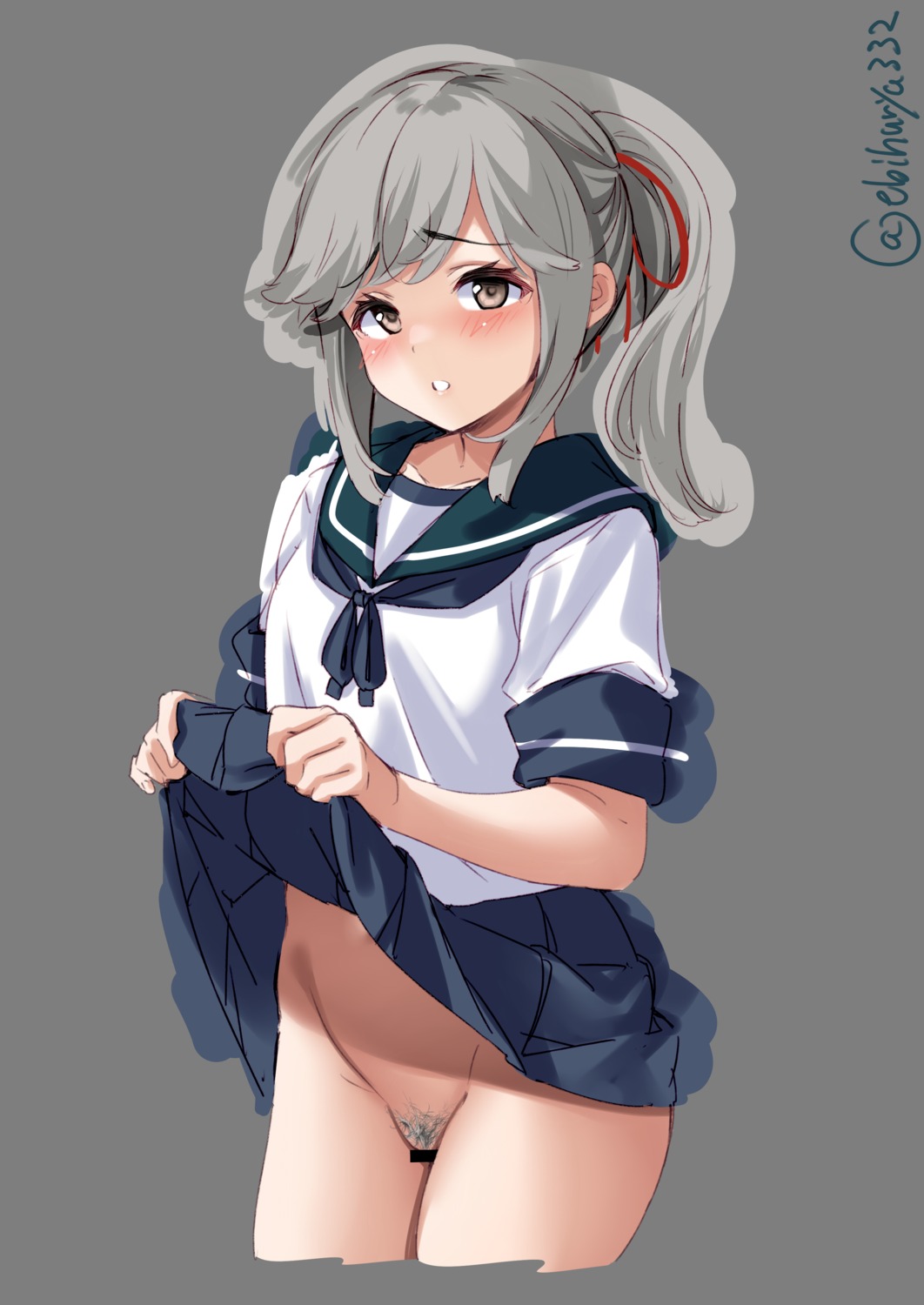 censored ebifurya kantai_collection nopan pubic_hair pussy seifuku sketch skirt_lift usugumo_(kancolle)