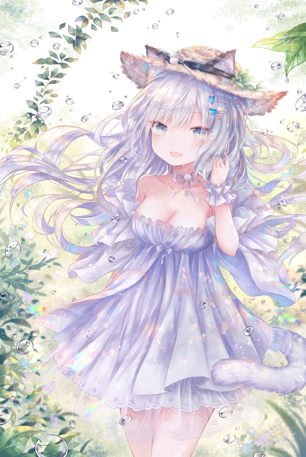 animal_ears cleavage dress nekomimi see_through tail yenshin