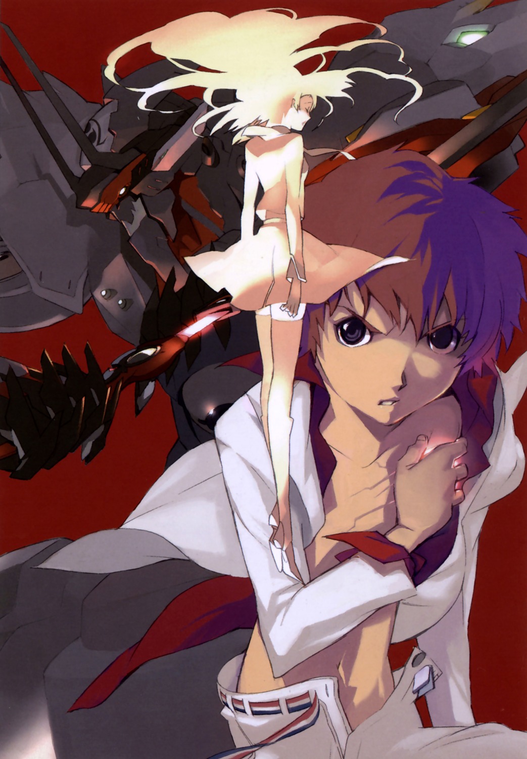 hayase_kouichi kizaki_emi kurogane_no_linebarrels mecha open_shirt shimoguchi_tomohiro thighhighs