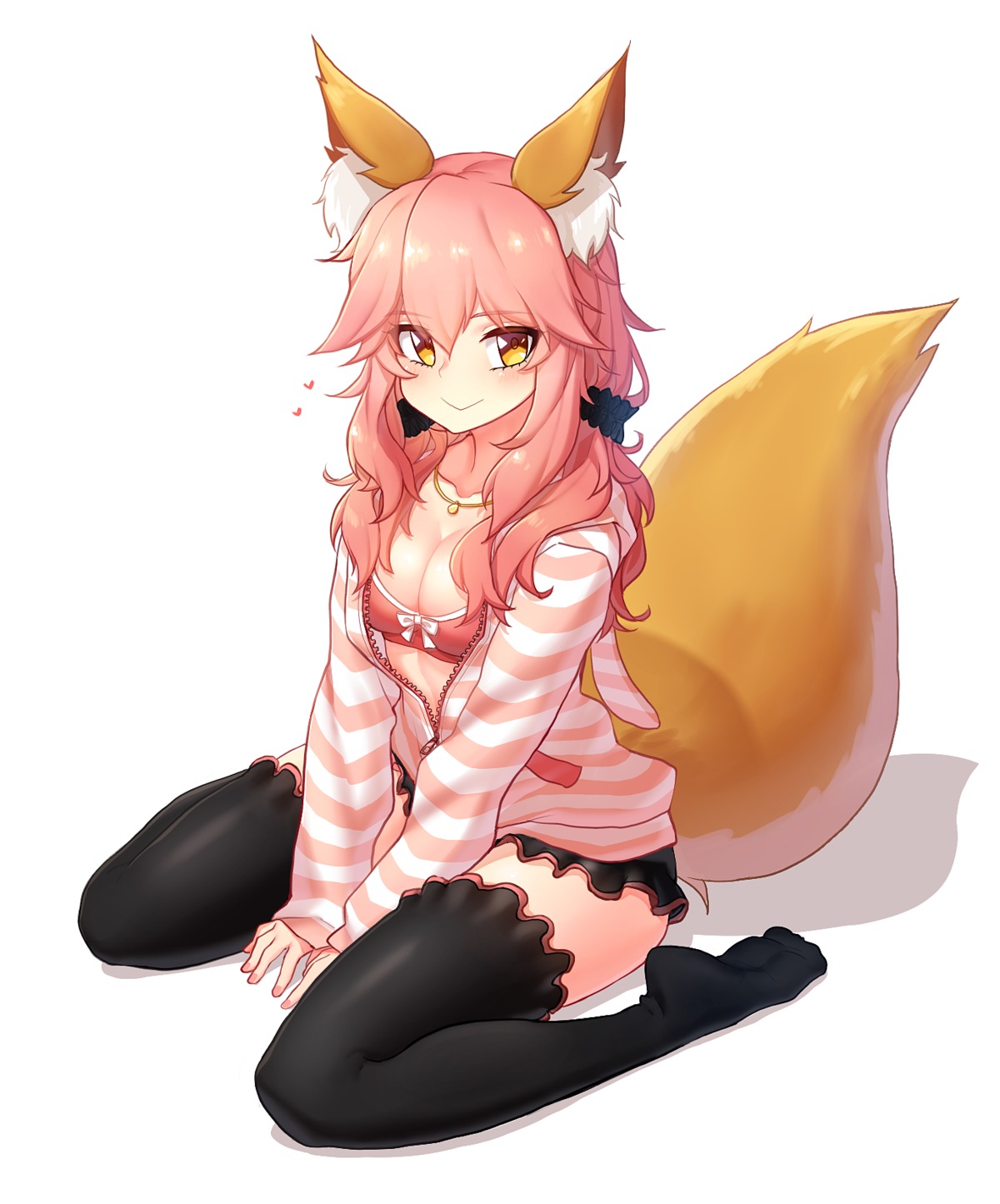 animal_ears bra cleavage fate/extella fate/extra fate/stay_night kitsune narynn open_shirt tail tamamo_no_mae thighhighs