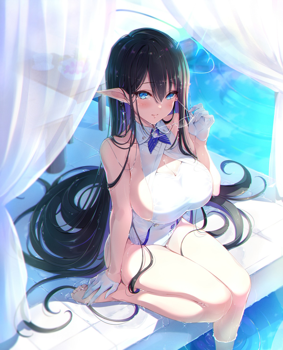 blue_archive cleavage halo megane nanagami_rin pointy_ears see_through swimsuits tel-o wet wet_clothes