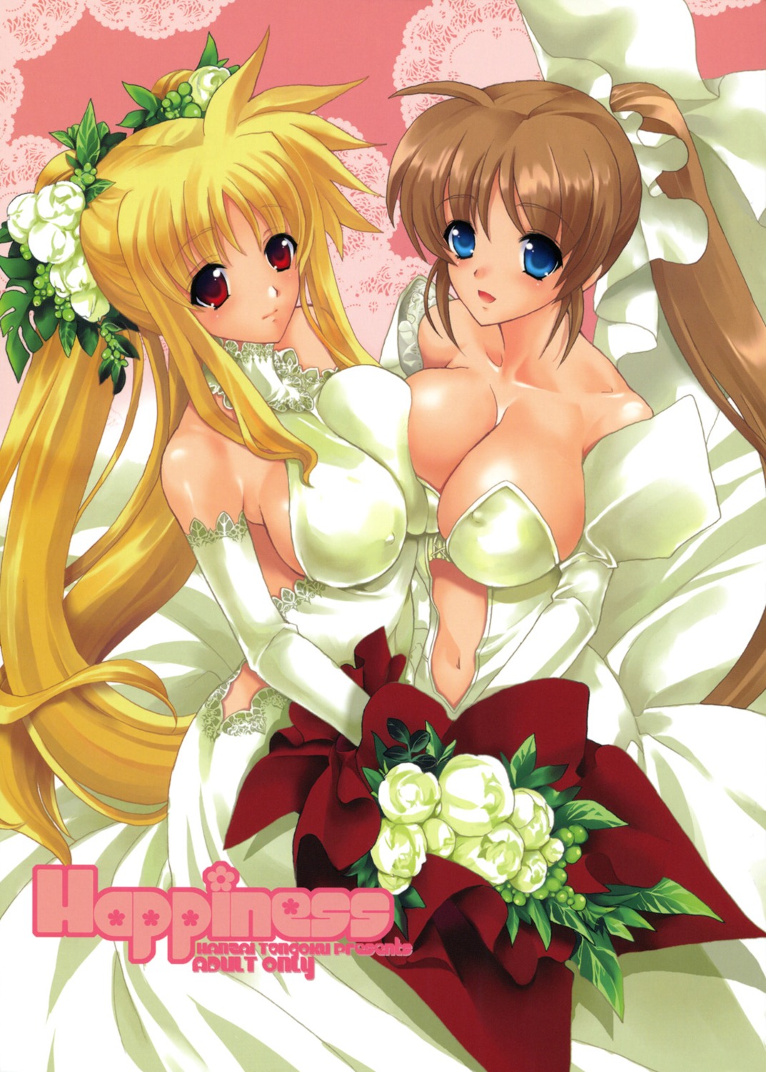 cleavage dress erect_nipples fate_testarossa hanzai_tengoku hasei_agana mahou_shoujo_lyrical_nanoha symmetrical_docking takamachi_nanoha wedding_dress