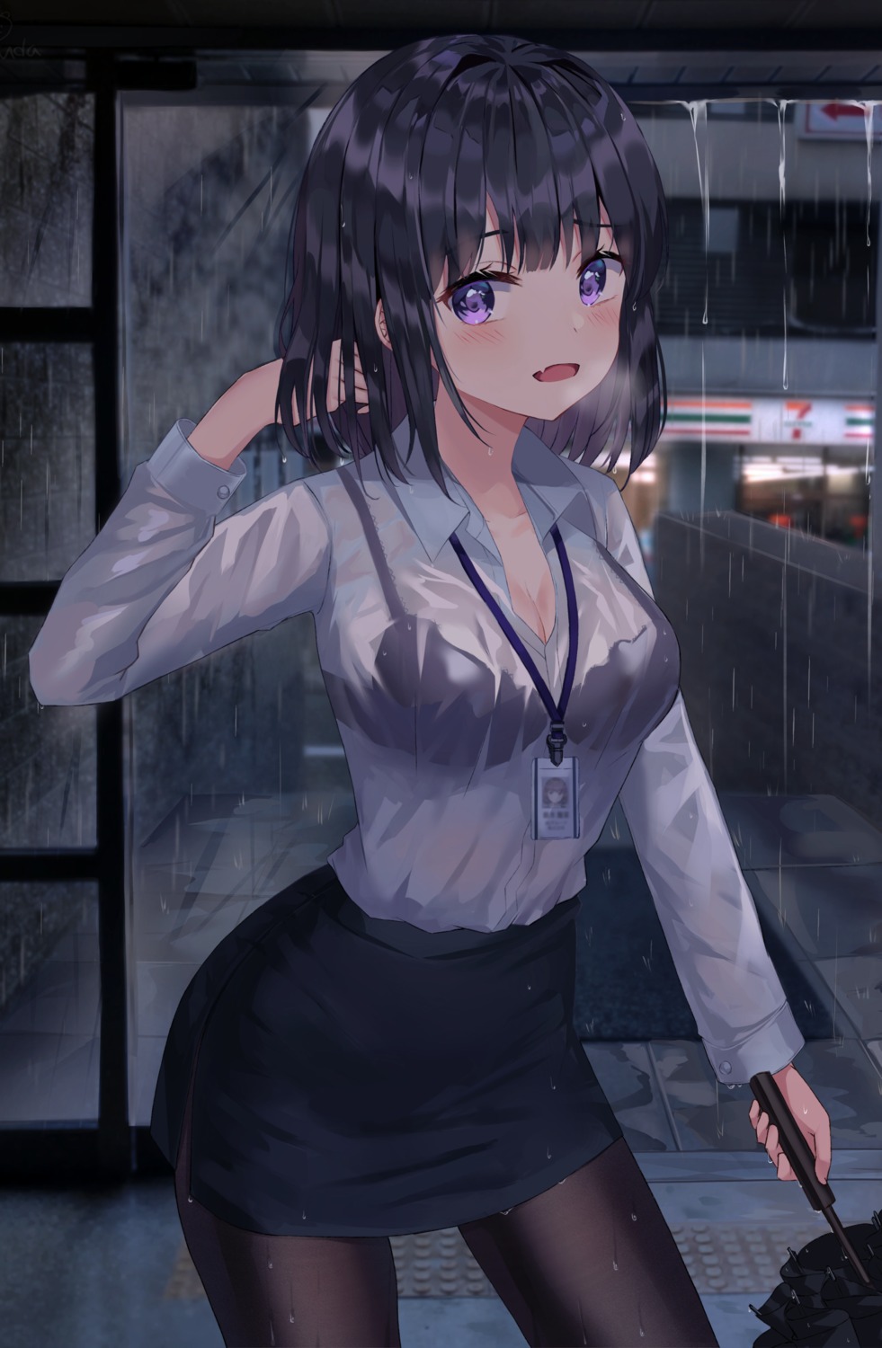 bra dress_shirt open_shirt pantyhose ruda_(ruda_e) see_through umbrella wet wet_clothes