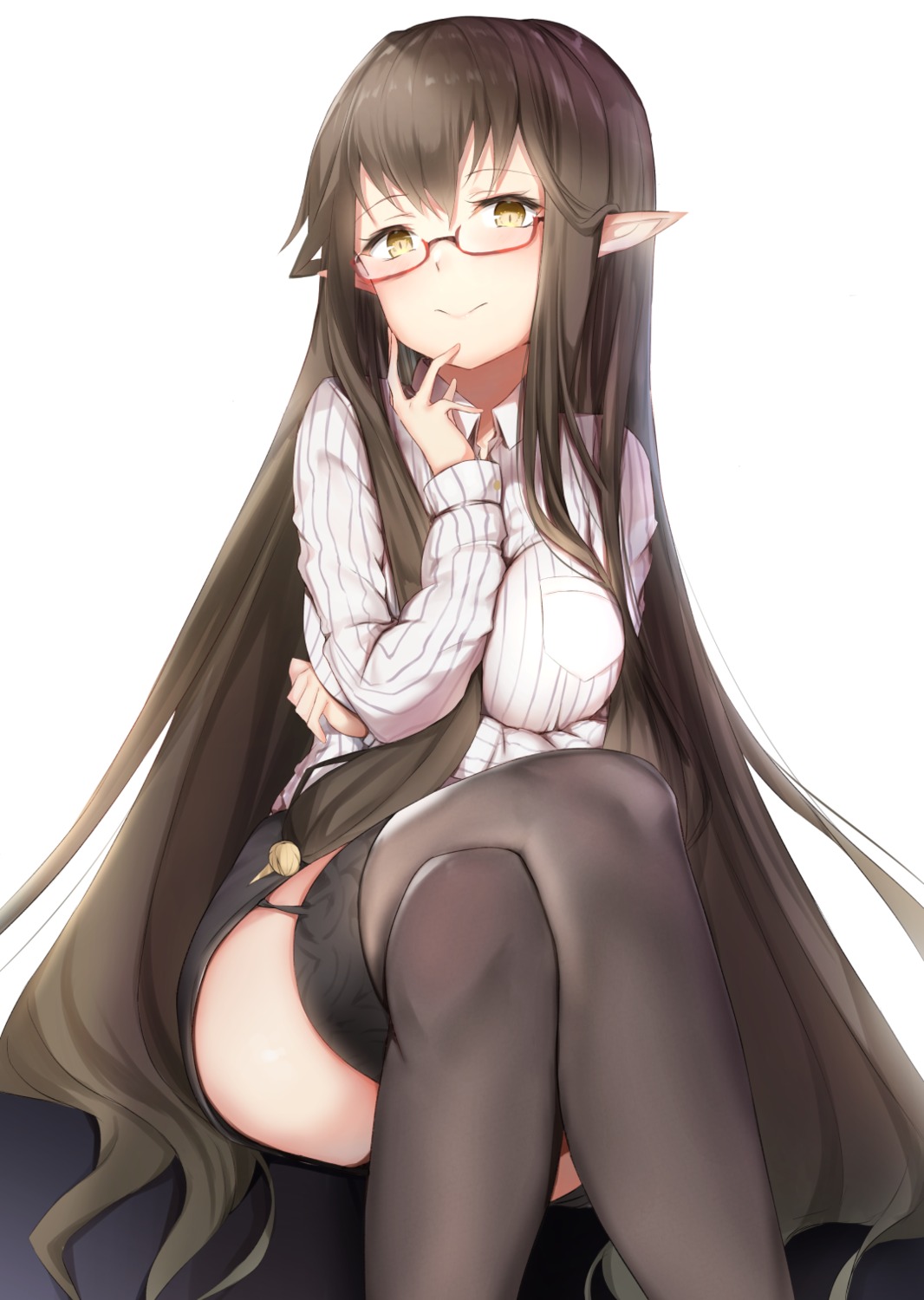 breast_hold fate/apocrypha fate/grand_order fate/stay_night maosame megane pointy_ears semiramis_(fate) stockings thighhighs