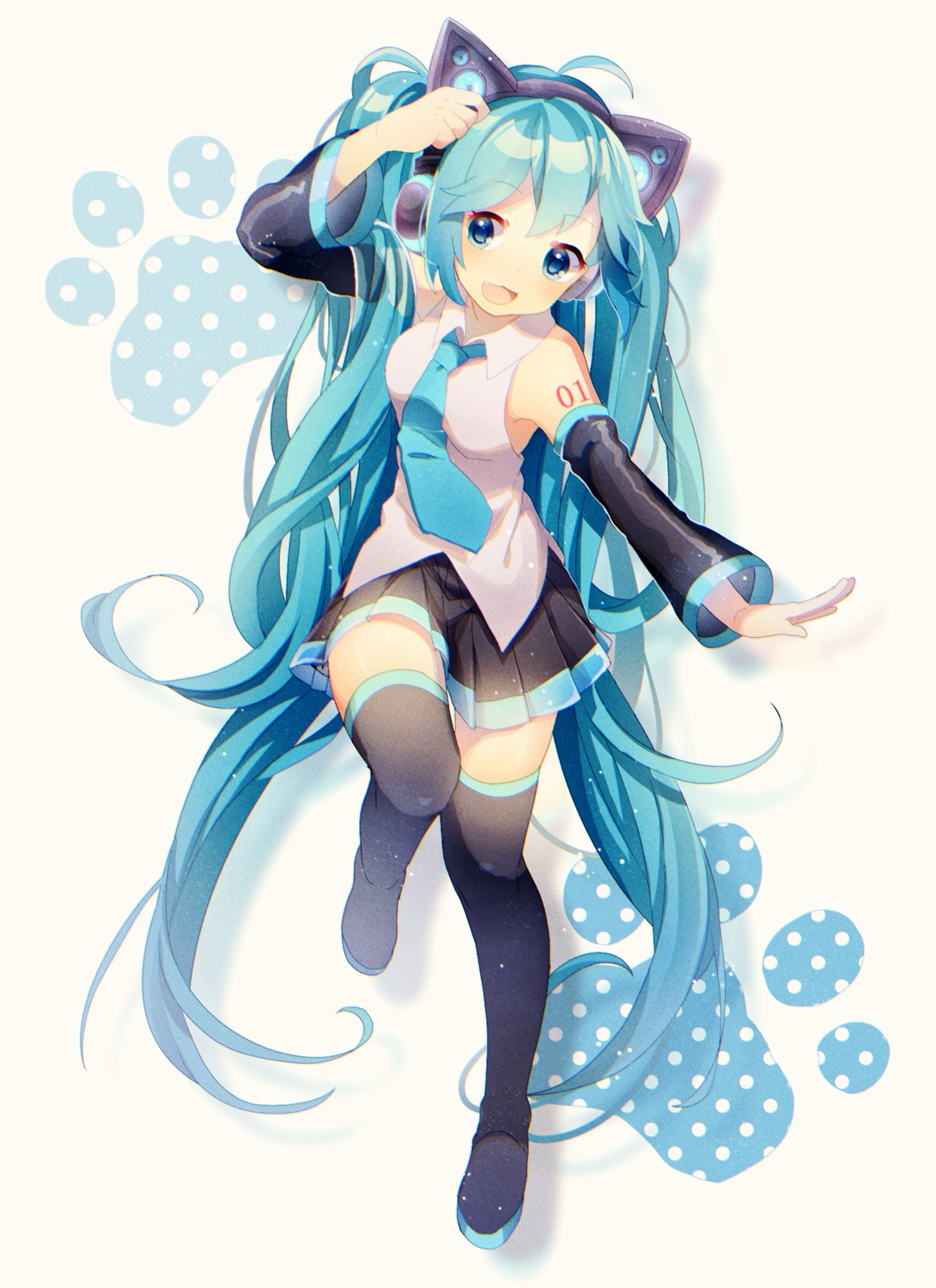 animal_ears hatsune_miku headphones nekomimi tattoo thighhighs uiyuzo vocaloid