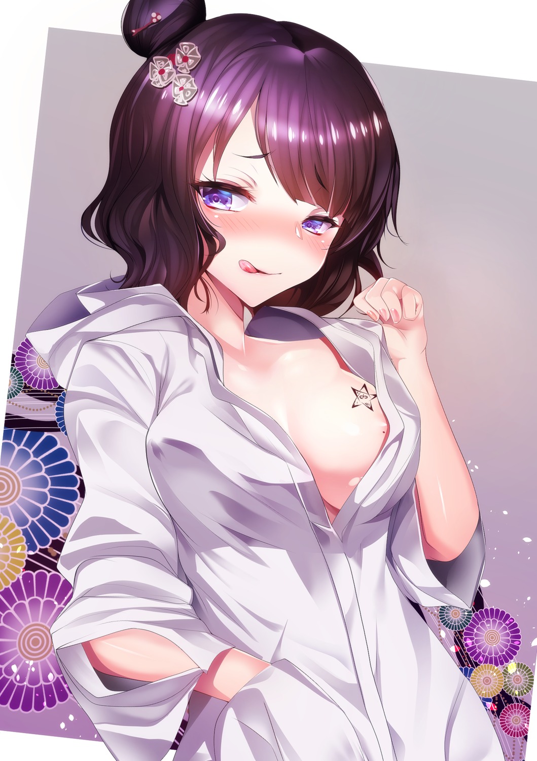 areola fate/grand_order katsushika_hokusai_(fate) no_bra open_shirt silly tattoo