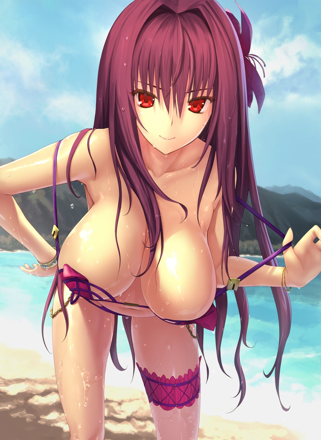 bikini breasts fate/grand_order fate/stay_night garter kawanakajima scathach_(fate/grand_order) swimsuits undressing wet